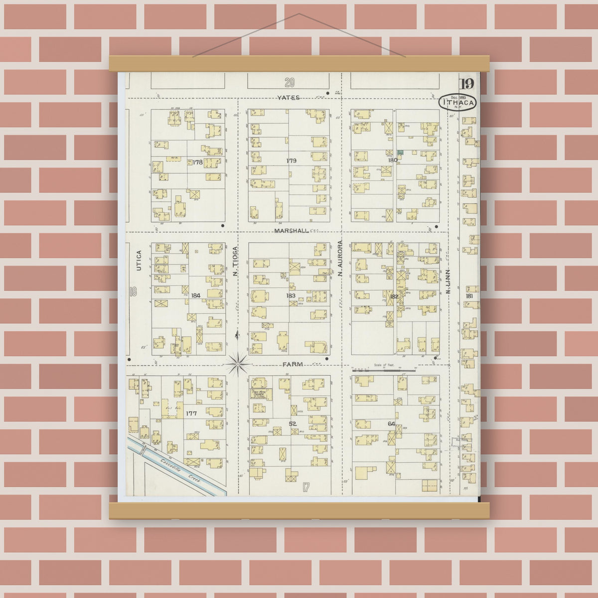 Old map wall art mockup — magnetic wood frame on brick wall — Sanborn Fire Insurance Map from Ithaca, Tompkins County, New York (1893), Sheet #0019