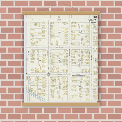 Old map wall art mockup — magnetic wood frame on brick wall — Sanborn Fire Insurance Map from Ithaca, Tompkins County, New York (1893), Sheet #0019