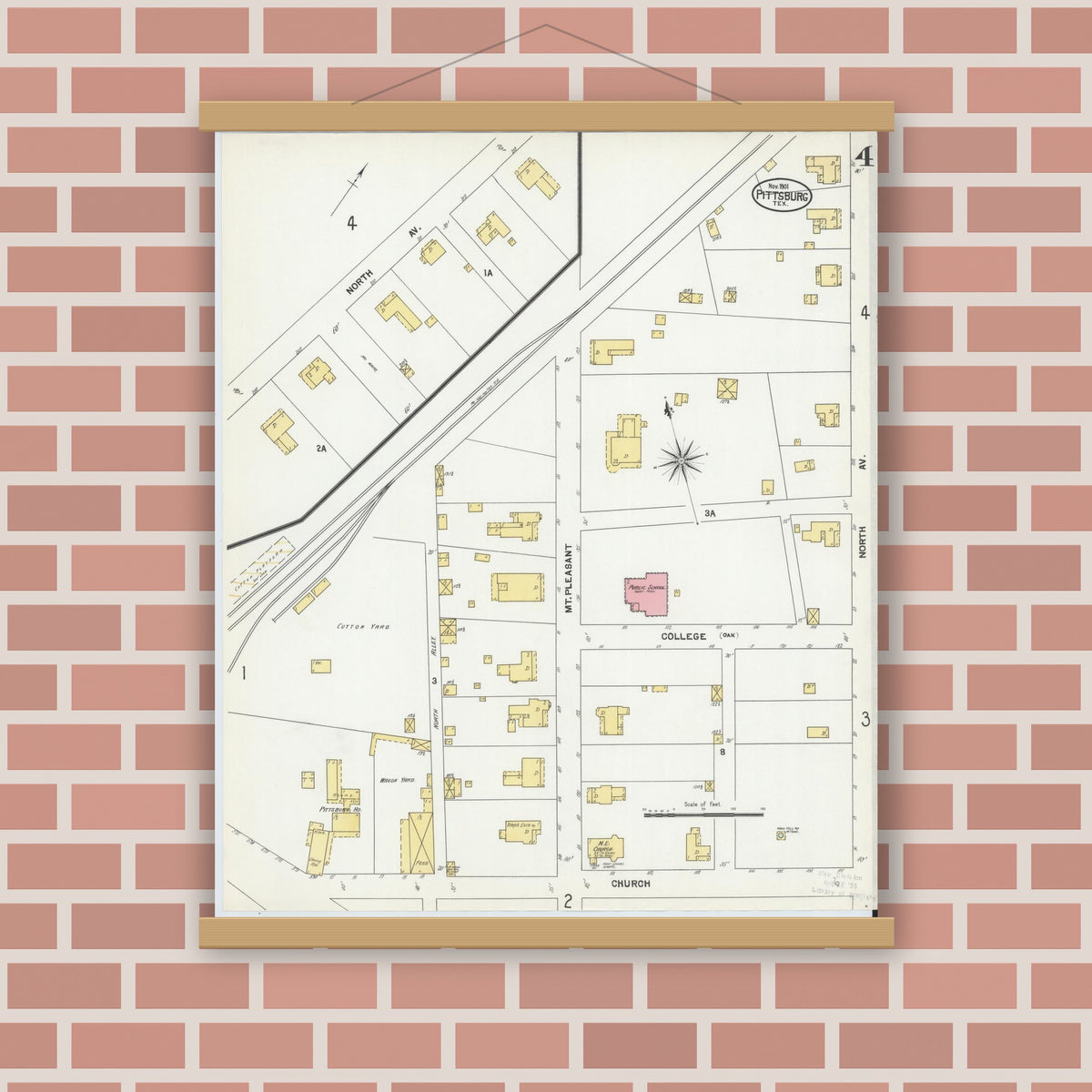 Old map wall art mockup — magnetic wood frame on brick wall — Sanborn Fire Insurance Map from Pittsburg, Camp County, Texas (1901), Sheet #0004