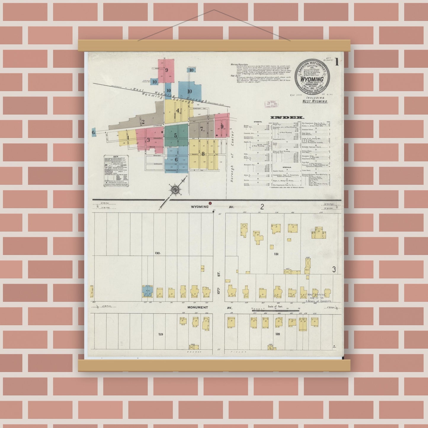 Old map wall art mockup — magnetic wood frame on brick wall — Sanborn Fire Insurance Map from Wyoming, Luzerne County, Pennsylvania (1911) - Complete Map Set