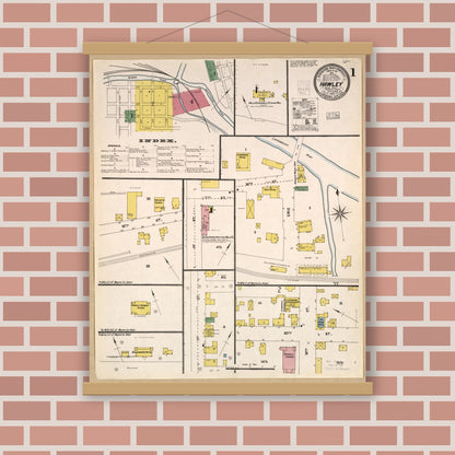Old map wall art mockup — magnetic wood frame on brick wall — Sanborn Fire Insurance Map from Hawley, Wayne County, Pennsylvania (1903), Sheet #0001