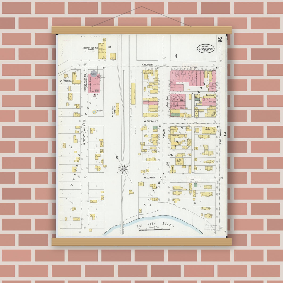 Old map wall art mockup — magnetic wood frame on brick wall — Sanborn Fire Insurance Map from Crookston, Polk County, Minnesota (1900), Sheet #0002