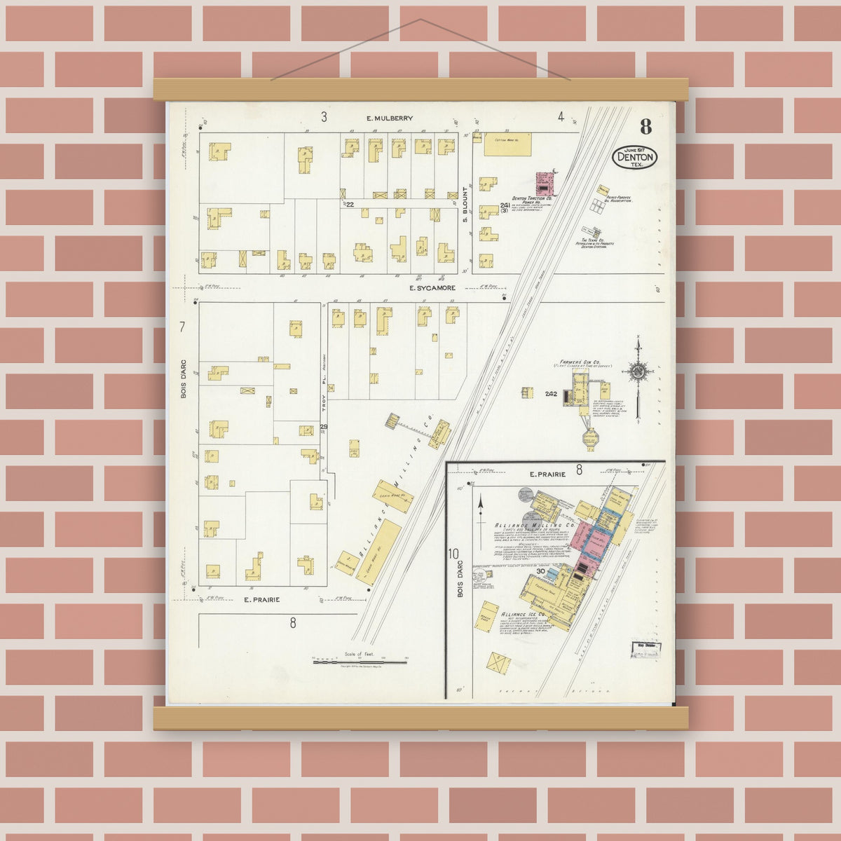 Old map wall art mockup — magnetic wood frame on brick wall — Sanborn Fire Insurance Map from Denton, Denton County, Texas (1917), Sheet #0008