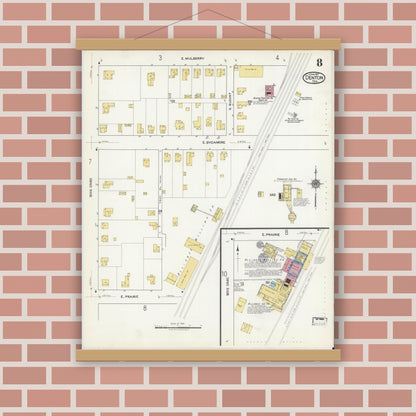 Old map wall art mockup — magnetic wood frame on brick wall — Sanborn Fire Insurance Map from Denton, Denton County, Texas (1917), Sheet #0008