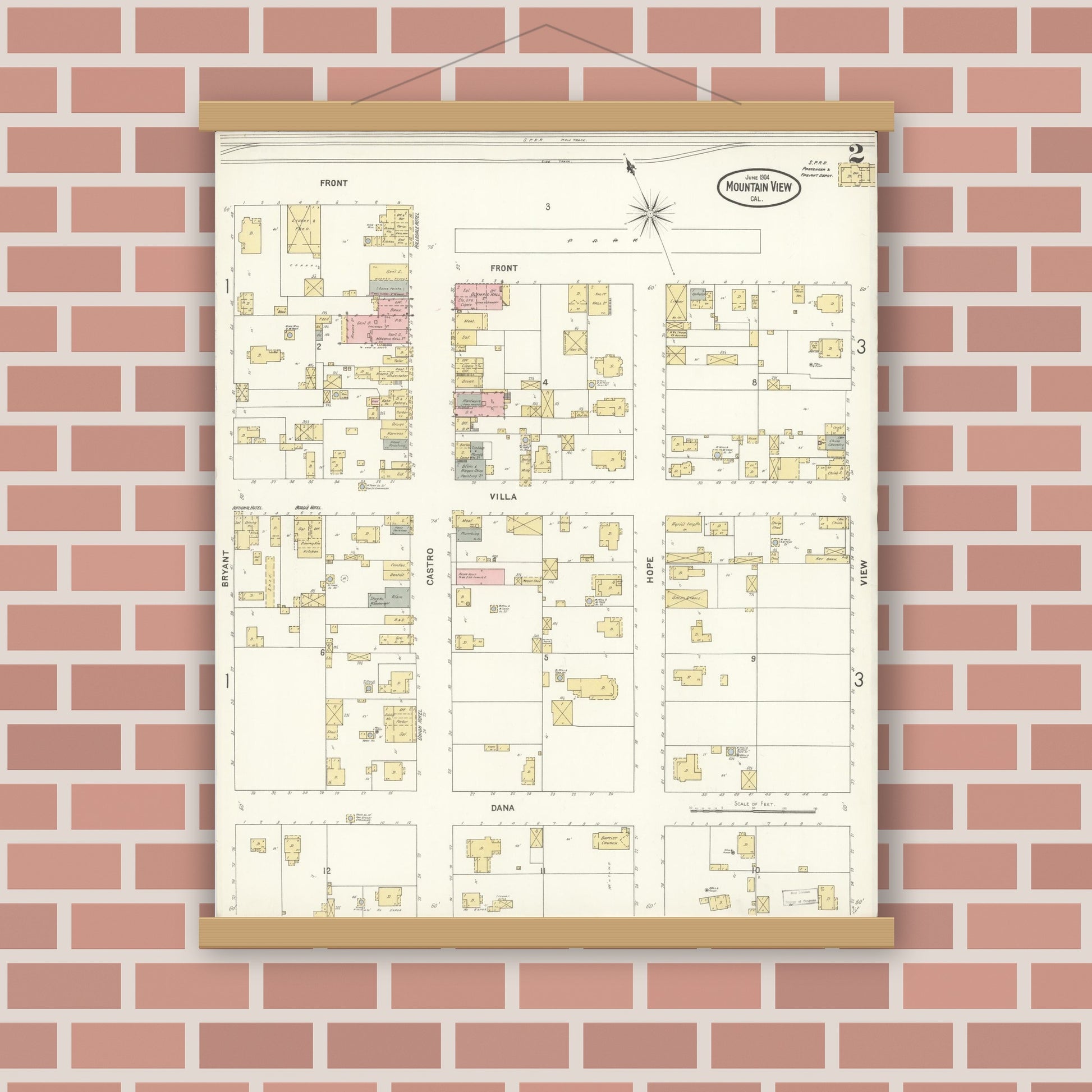 Old map wall art mockup — magnetic wood frame on brick wall — Sanborn Fire Insurance Map from Mountain View, Santa Clara County, California (1904), Sheet #0002