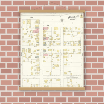 Old map wall art mockup — magnetic wood frame on brick wall — Sanborn Fire Insurance Map from Mountain View, Santa Clara County, California (1904), Sheet #0002