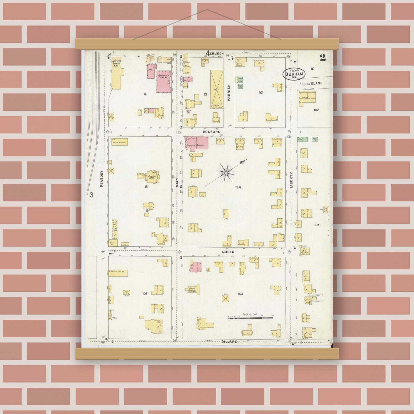 Old map wall art mockup — magnetic wood frame on brick wall — Sanborn Fire Insurance Map from Durham, Durham County, North Carolina (1898), Sheet #0002