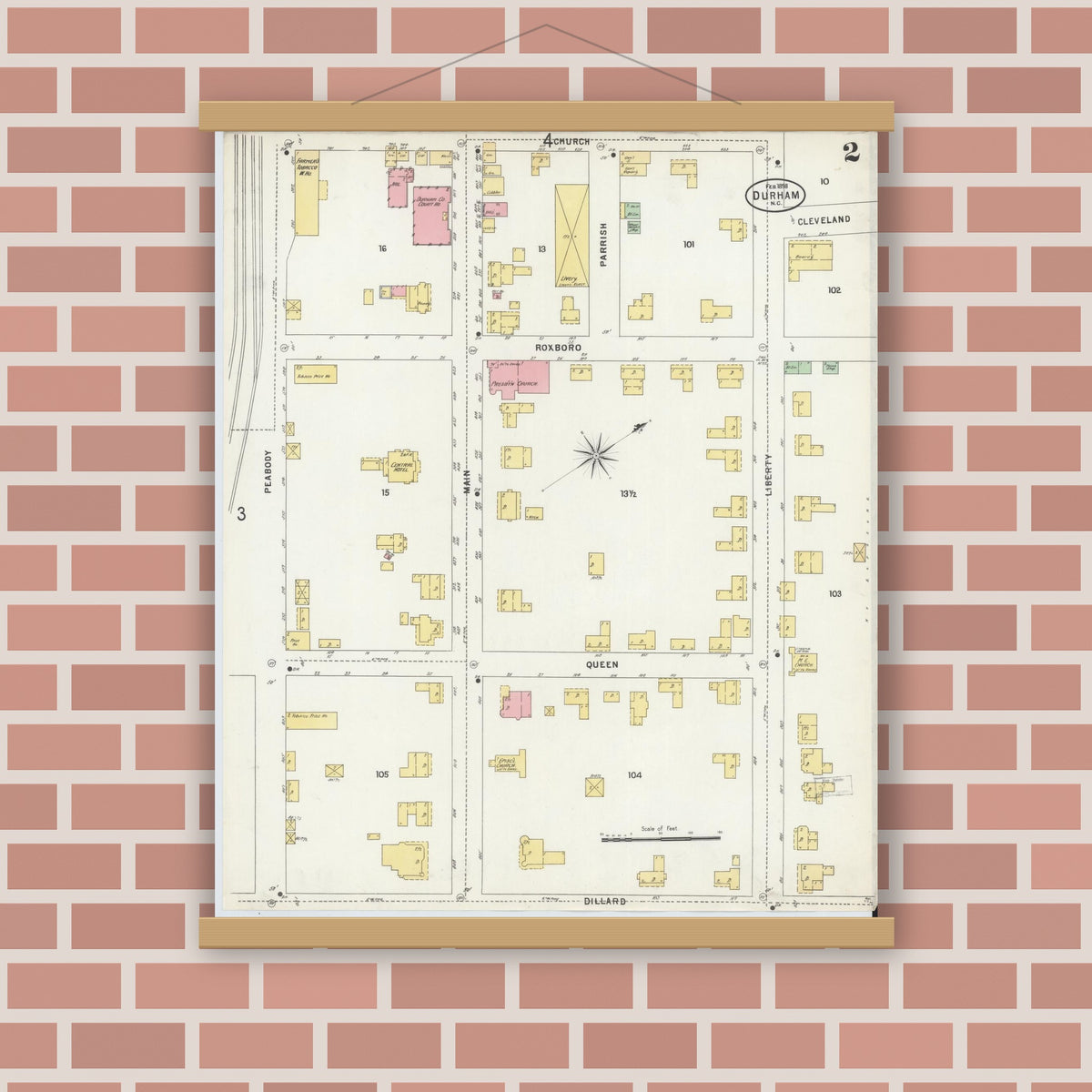 Old map wall art mockup — magnetic wood frame on brick wall — Sanborn Fire Insurance Map from Durham, Durham County, North Carolina (1898), Sheet #0002