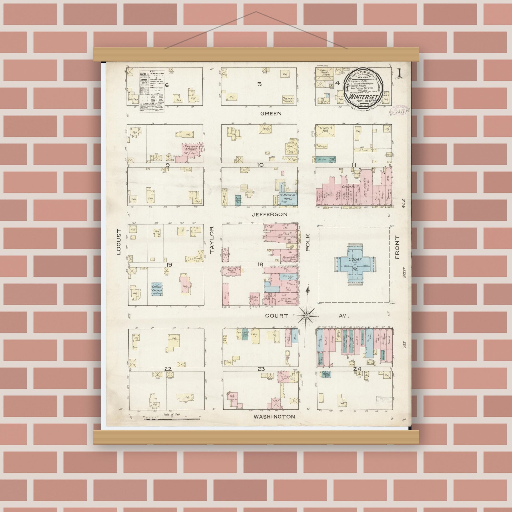 Old map wall art mockup — magnetic wood frame on brick wall — Sanborn Fire Insurance Map from Winterset, Madison County, Iowa (1886), Sheet #0001