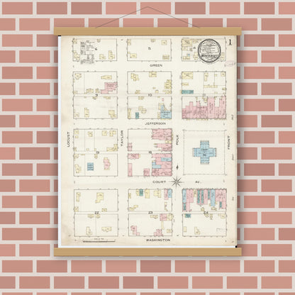 Old map wall art mockup — magnetic wood frame on brick wall — Sanborn Fire Insurance Map from Winterset, Madison County, Iowa (1886), Sheet #0001