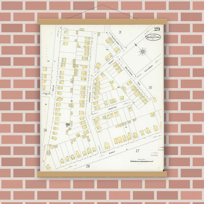 Old map wall art mockup — magnetic wood frame on brick wall — Sanborn Fire Insurance Map from Morristown, Morris County, New Jersey (1909), Sheet #0029