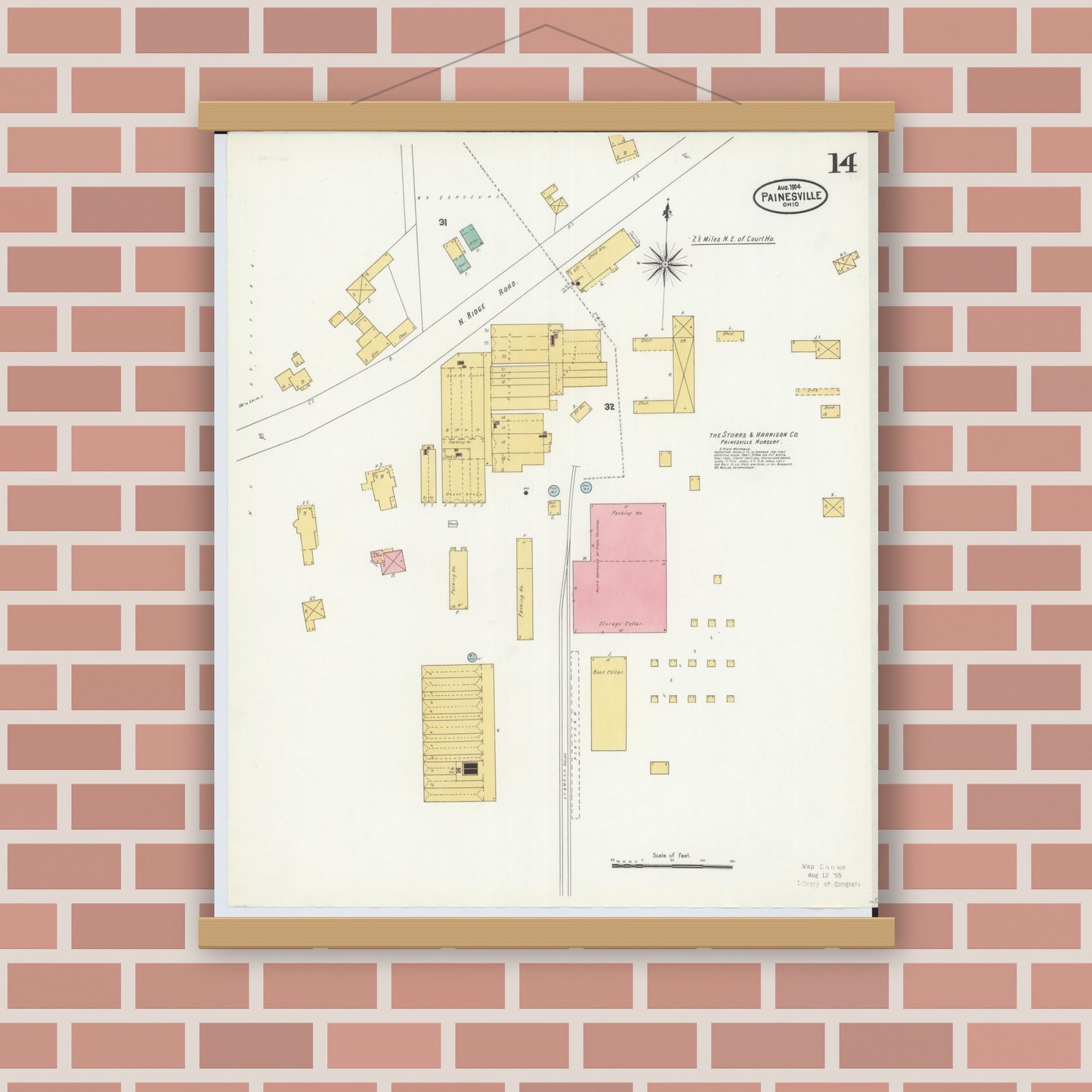 Old map wall art mockup — magnetic wood frame on brick wall — Sanborn Fire Insurance Map from Painesville, Lake County, Ohio (1904), Sheet #0014