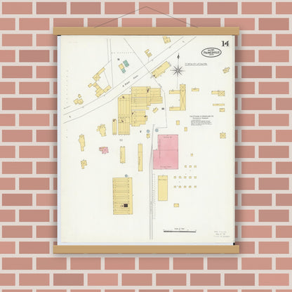 Old map wall art mockup — magnetic wood frame on brick wall — Sanborn Fire Insurance Map from Painesville, Lake County, Ohio (1904), Sheet #0014