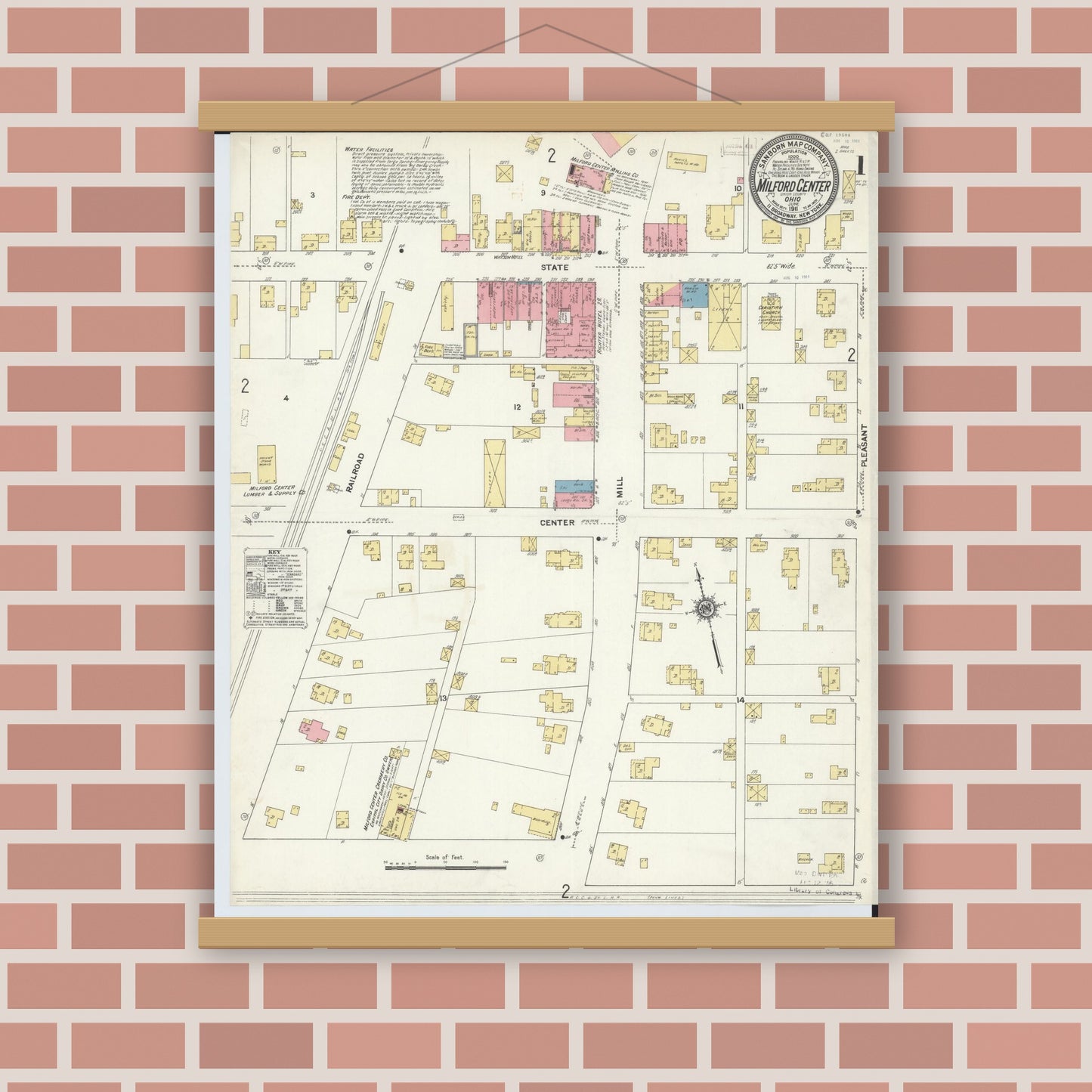 Old map wall art mockup — magnetic wood frame on brick wall — Sanborn Fire Insurance Map from Milford Center, Union County, Ohio (1911) - Complete Map Set