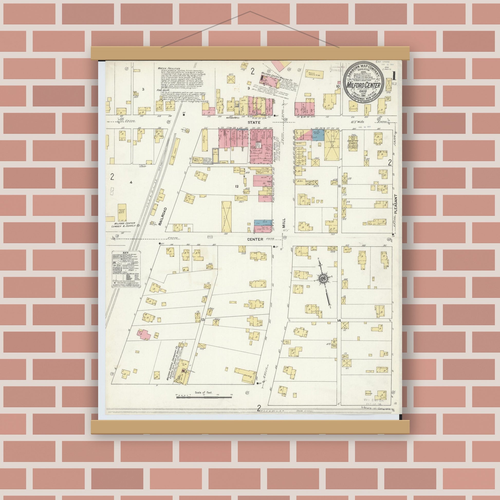 Old map wall art mockup — magnetic wood frame on brick wall — Sanborn Fire Insurance Map from Milford Center, Union County, Ohio (1911) - Complete Map Set