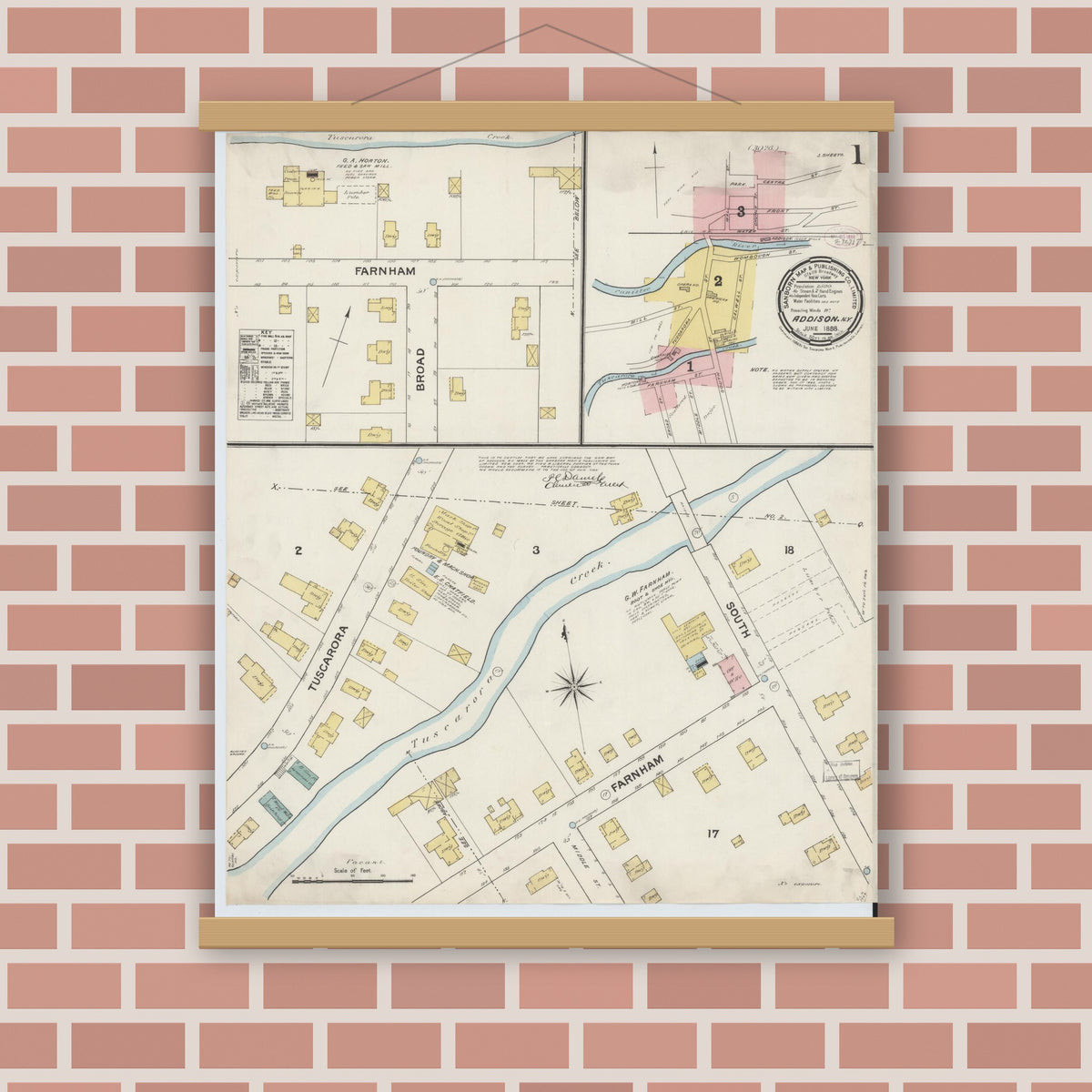 Old map wall art mockup — magnetic wood frame on brick wall — Sanborn Fire Insurance Map from Addison, Steuben County, New York (1888), Sheet #0001
