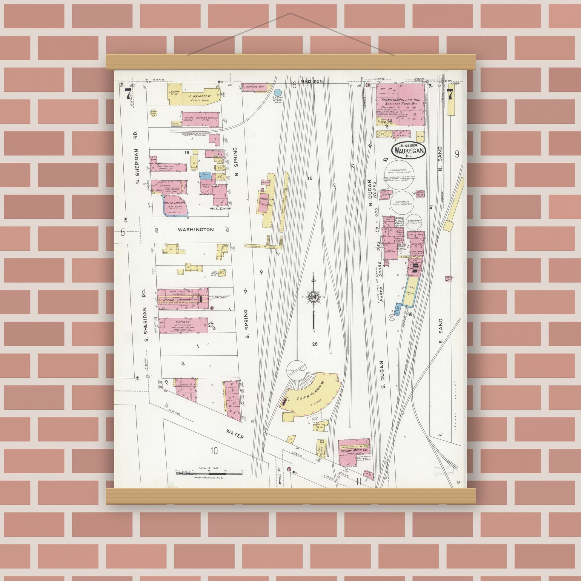 Old map wall art mockup — magnetic wood frame on brick wall — Sanborn Fire Insurance Map from Waukegan, Lake County, Illinois (1924), Sheet #0007