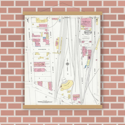Old map wall art mockup — magnetic wood frame on brick wall — Sanborn Fire Insurance Map from Waukegan, Lake County, Illinois (1924), Sheet #0007