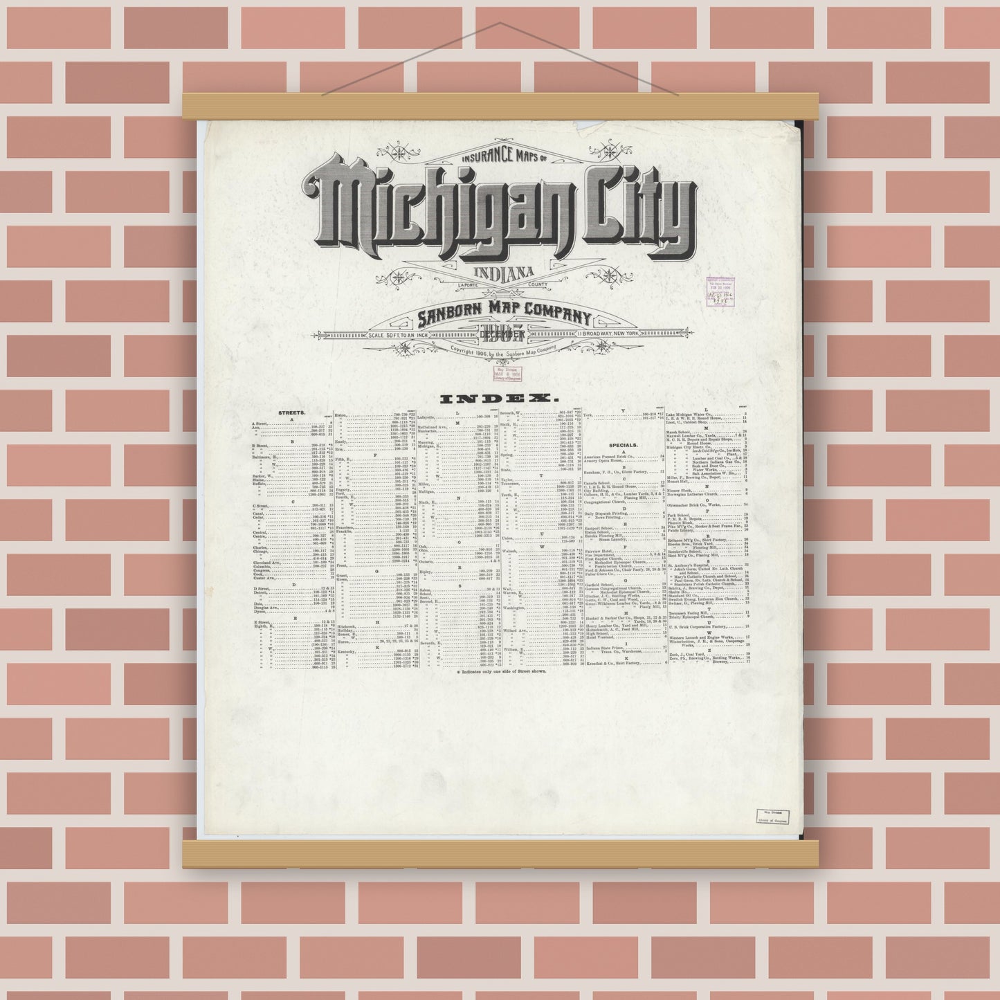 Old map wall art mockup — magnetic wood frame on brick wall — Sanborn Fire Insurance Map from Michigan City, La Porte County, Indiana (1905), Sheet #0001