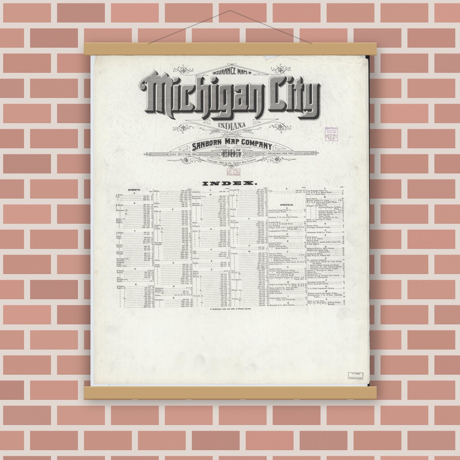 Old map wall art mockup — magnetic wood frame on brick wall — Sanborn Fire Insurance Map from Michigan City, La Porte County, Indiana (1905), Sheet #0001