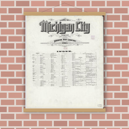 Old map wall art mockup — magnetic wood frame on brick wall — Sanborn Fire Insurance Map from Michigan City, La Porte County, Indiana (1905), Sheet #0001