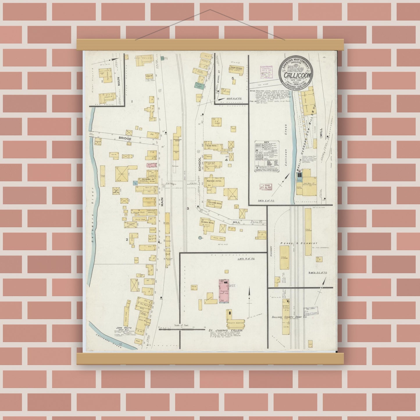 Old map wall art mockup — magnetic wood frame on brick wall — Sanborn Fire Insurance Map from Callicoon, Sullivan County, New York (1908), Sheet #0001