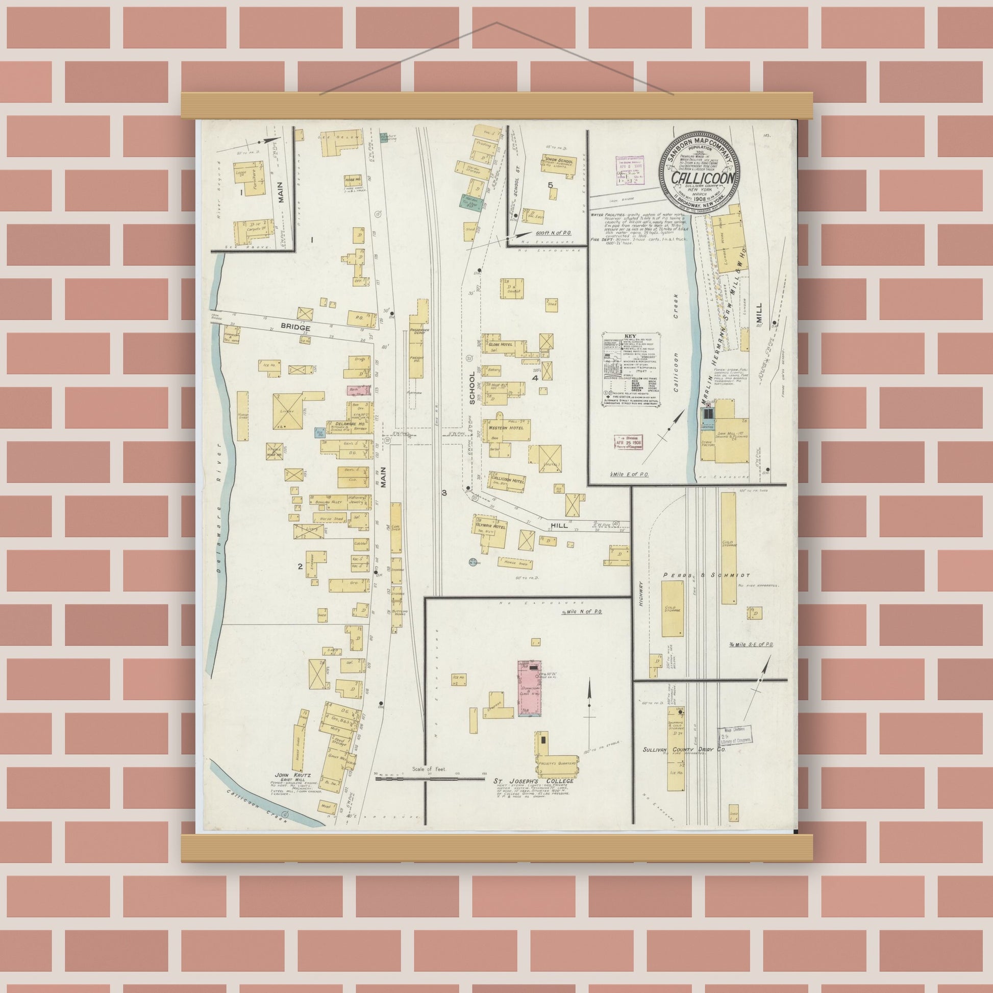 Old map wall art mockup — magnetic wood frame on brick wall — Sanborn Fire Insurance Map from Callicoon, Sullivan County, New York (1908), Sheet #0001