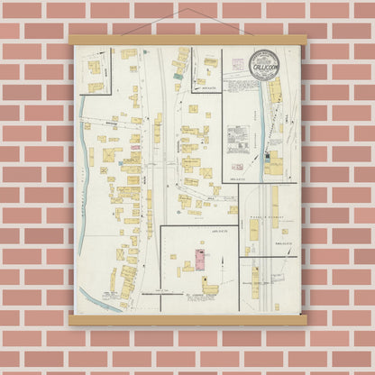 Old map wall art mockup — magnetic wood frame on brick wall — Sanborn Fire Insurance Map from Callicoon, Sullivan County, New York (1908), Sheet #0001