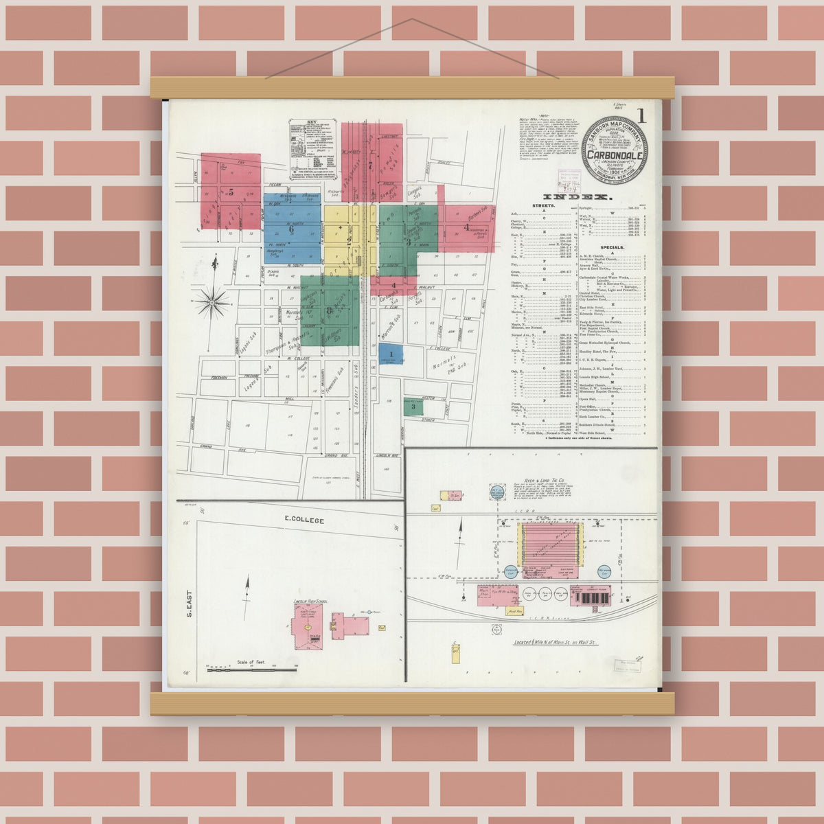 Old map wall art mockup — magnetic wood frame on brick wall — Sanborn Fire Insurance Map from Carbondale, Jackson County, Illinois (1906) - Complete Map Set