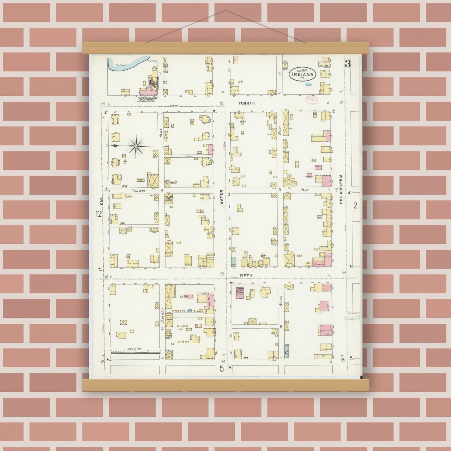 Old map wall art mockup — magnetic wood frame on brick wall — Sanborn Fire Insurance Map from Indiana, Indiana County, Pennsylvania (1888), Sheet #0003