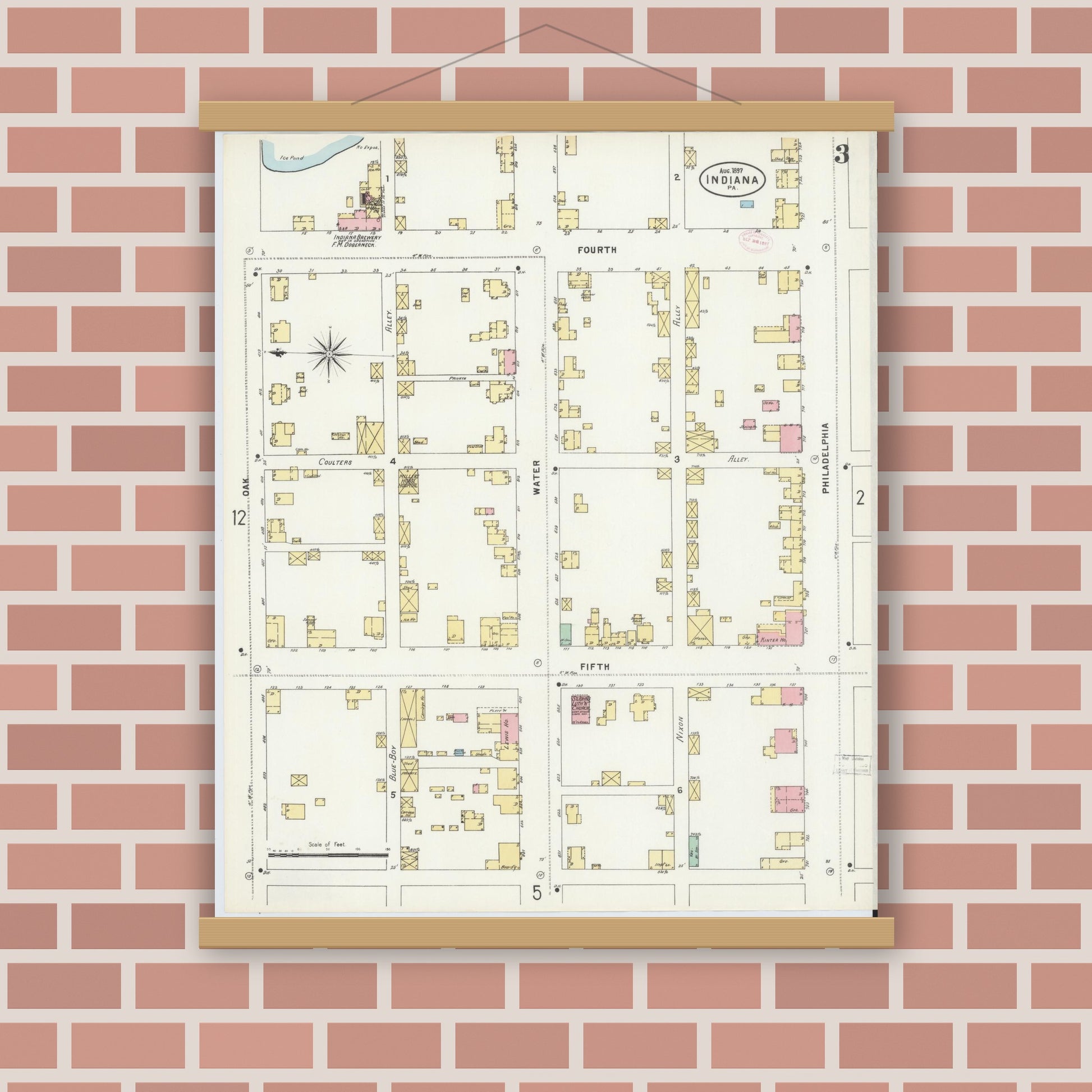 Old map wall art mockup — magnetic wood frame on brick wall — Sanborn Fire Insurance Map from Indiana, Indiana County, Pennsylvania (1888), Sheet #0003