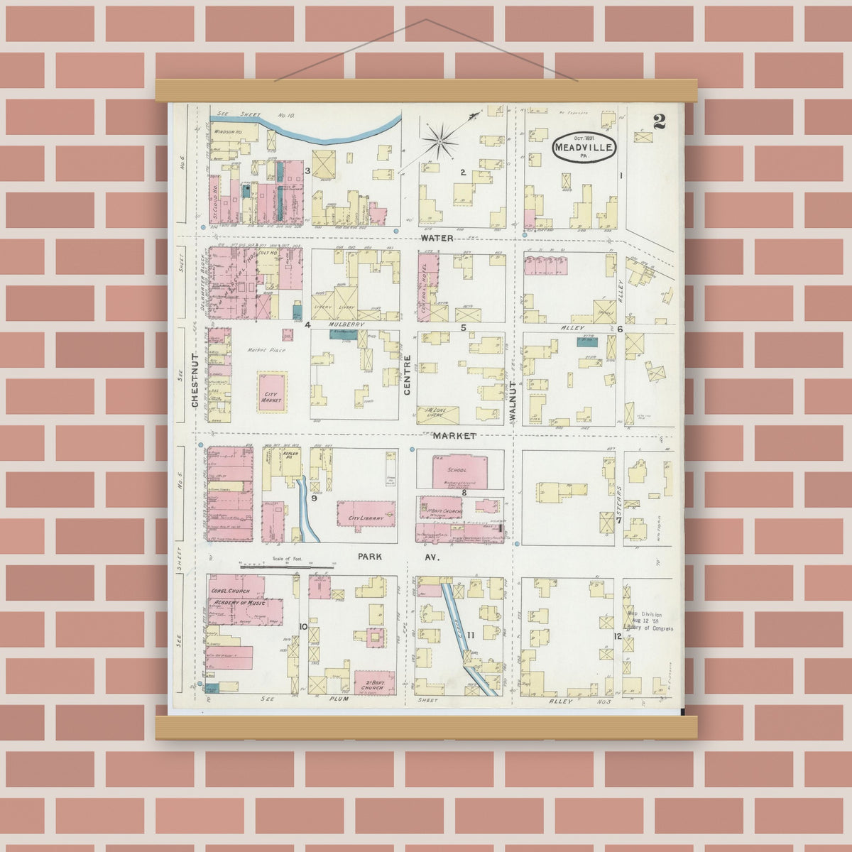 Old map wall art mockup — magnetic wood frame on brick wall — Sanborn Fire Insurance Map from Meadville, Crawford County, Pennsylvania (1891), Sheet #0002