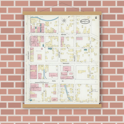 Old map wall art mockup — magnetic wood frame on brick wall — Sanborn Fire Insurance Map from Meadville, Crawford County, Pennsylvania (1891), Sheet #0002