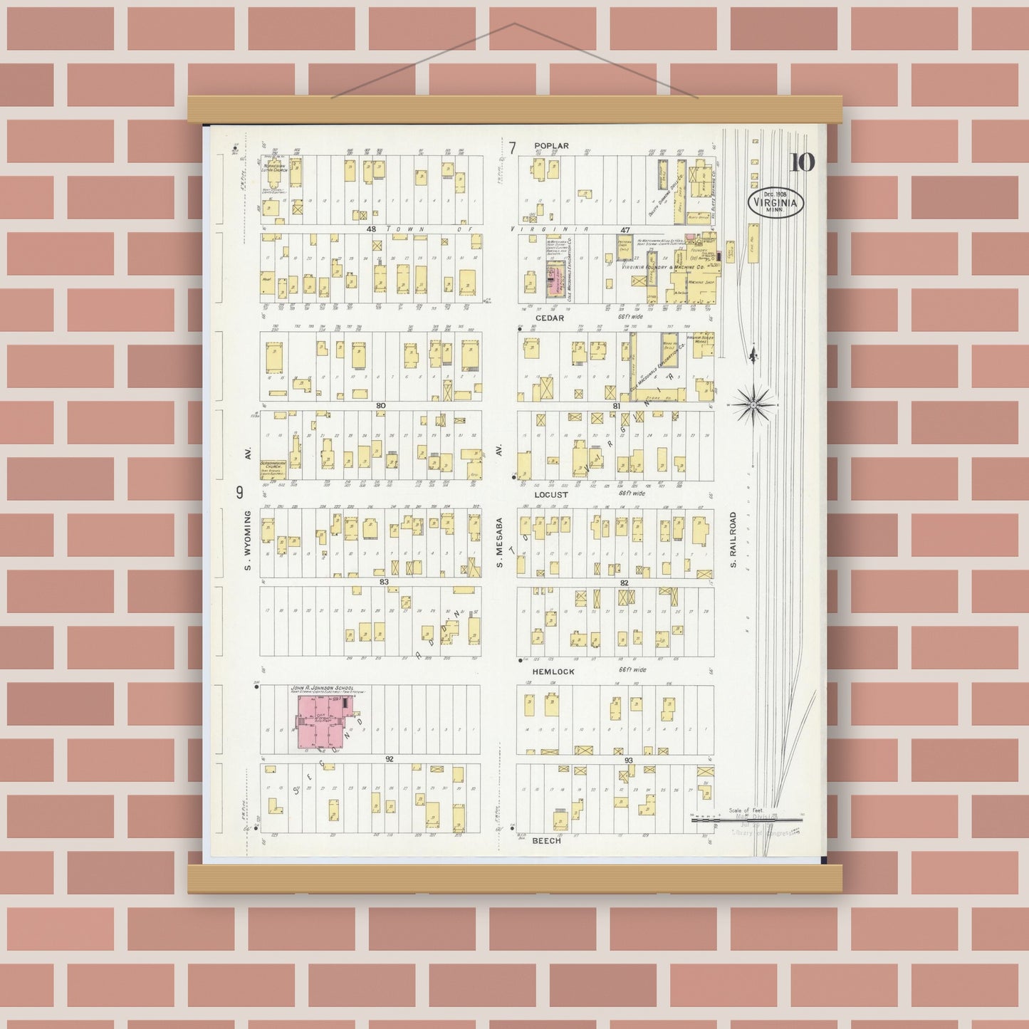 Old map wall art mockup — magnetic wood frame on brick wall — Sanborn Fire Insurance Map from Virginia, Saint Louis County, Minnesota (1908), Sheet #0010
