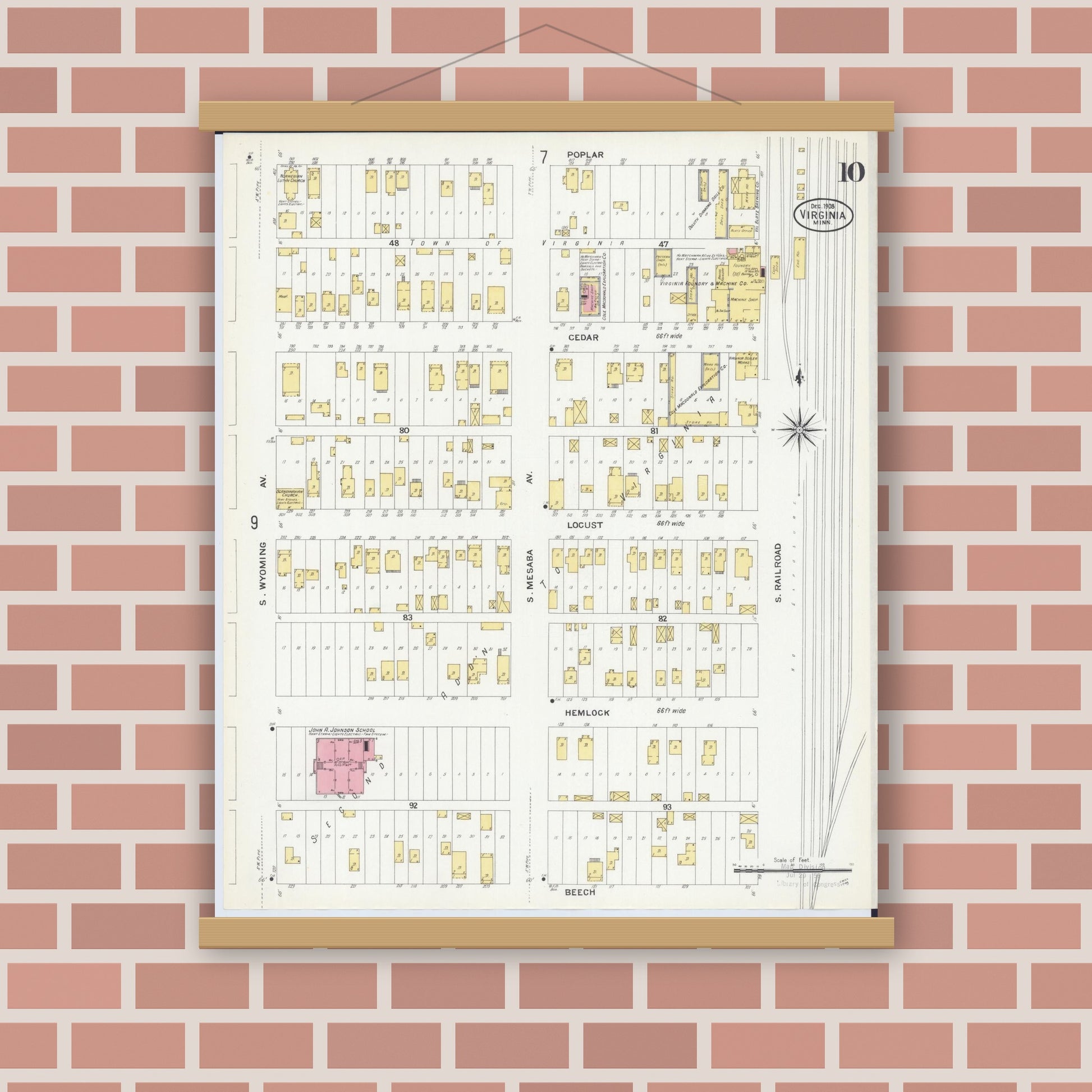 Old map wall art mockup — magnetic wood frame on brick wall — Sanborn Fire Insurance Map from Virginia, Saint Louis County, Minnesota (1908), Sheet #0010