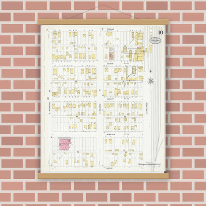 Old map wall art mockup — magnetic wood frame on brick wall — Sanborn Fire Insurance Map from Virginia, Saint Louis County, Minnesota (1908), Sheet #0010