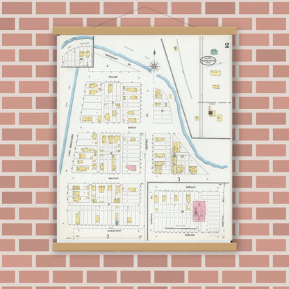 Old map wall art mockup — magnetic wood frame on brick wall — Sanborn Fire Insurance Map from Virginia, Saint Louis County, Minnesota (1904), Sheet #0002