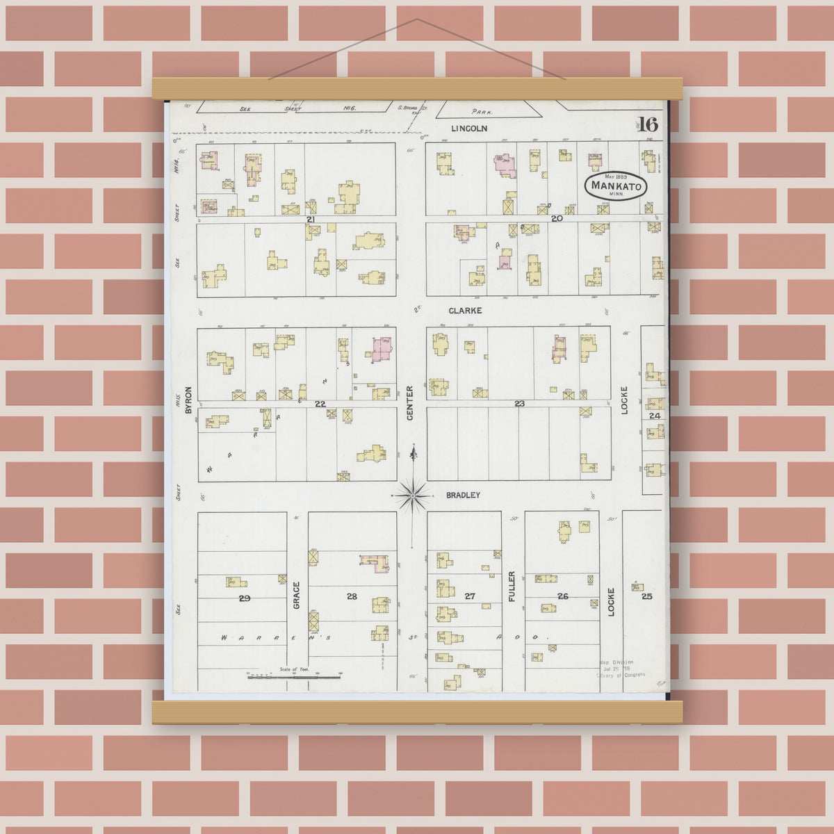 Old map wall art mockup — magnetic wood frame on brick wall — Sanborn Fire Insurance Map from Mankato, Blue Earth County, Minnesota (1889), Sheet #0016