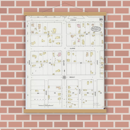 Old map wall art mockup — magnetic wood frame on brick wall — Sanborn Fire Insurance Map from Mankato, Blue Earth County, Minnesota (1889), Sheet #0016