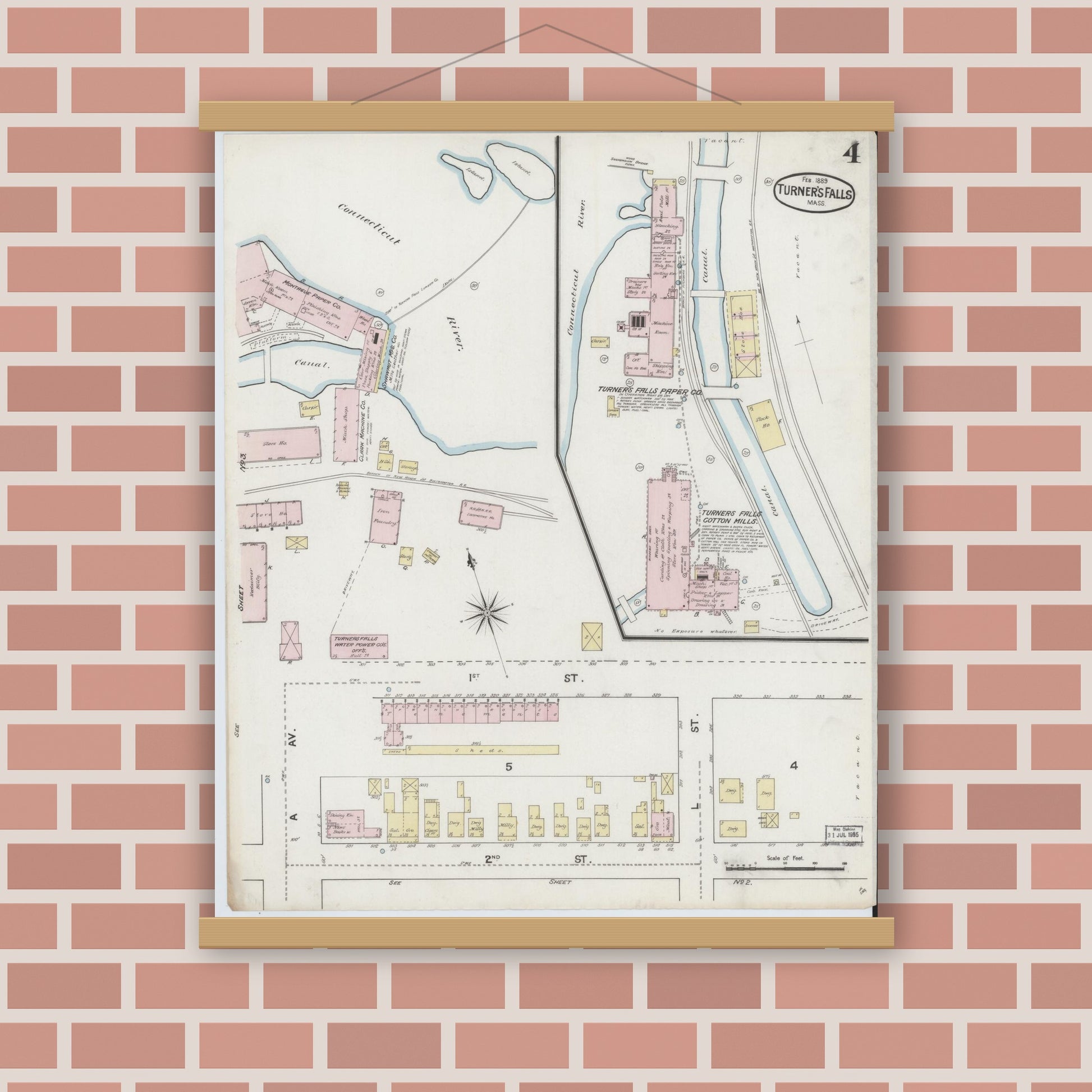Old map wall art mockup — magnetic wood frame on brick wall — Sanborn Fire Insurance Map from Turners Falls, Franklin County, Massachusetts (1889), Sheet #0004
