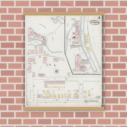 Old map wall art mockup — magnetic wood frame on brick wall — Sanborn Fire Insurance Map from Turners Falls, Franklin County, Massachusetts (1889), Sheet #0004