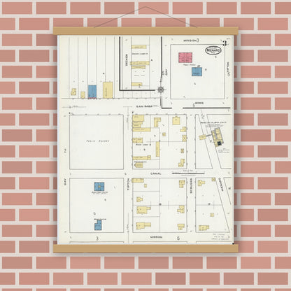Old map wall art mockup — magnetic wood frame on brick wall — Sanborn Fire Insurance Map from Menard, Menard County, Texas (1921), Sheet #0003