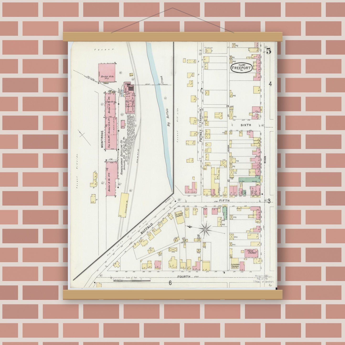 Old map wall art mockup — magnetic wood frame on brick wall — Sanborn Fire Insurance Map from Freeport, Armstrong County, Pennsylvania (1897), Sheet #0005