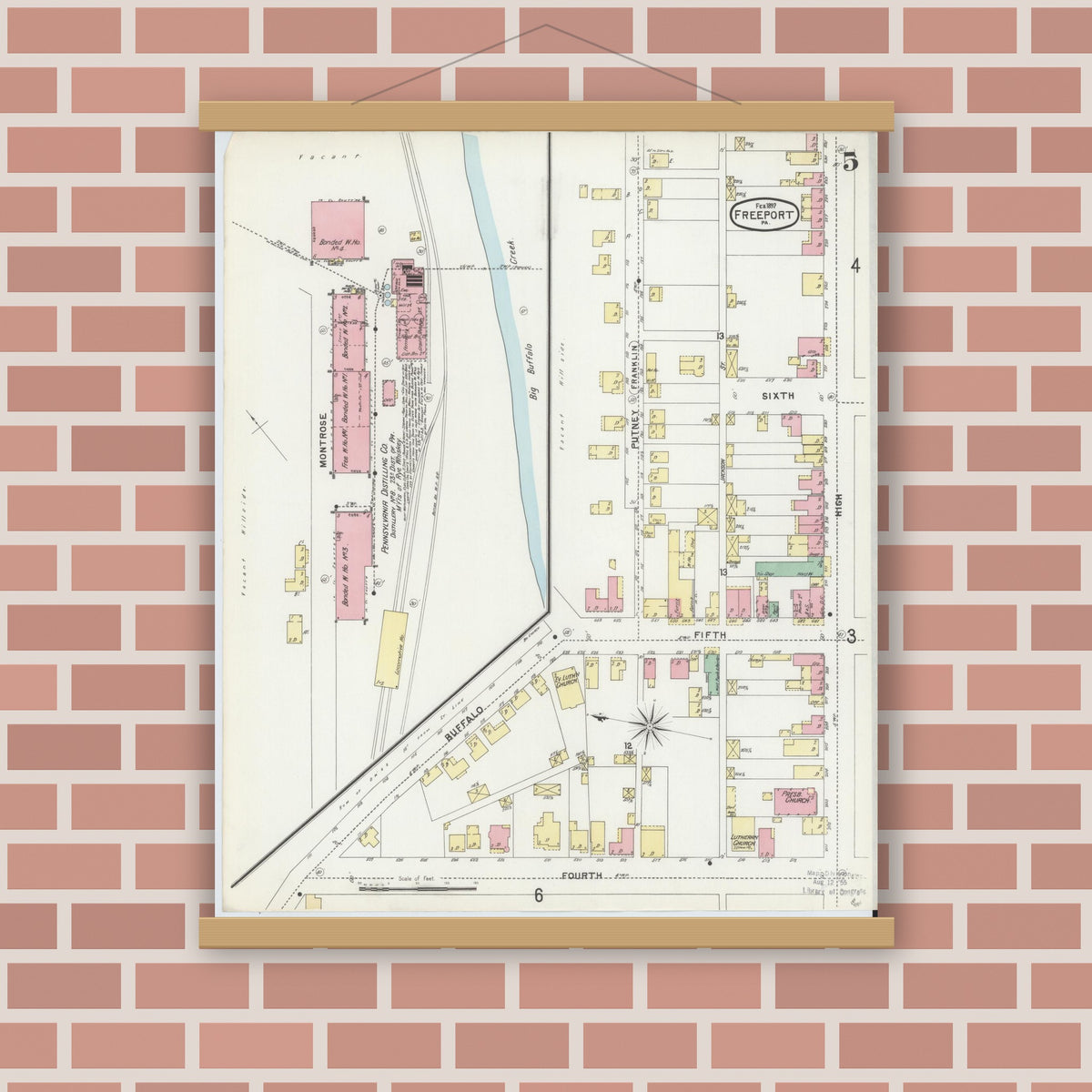 Old map wall art mockup — magnetic wood frame on brick wall — Sanborn Fire Insurance Map from Freeport, Armstrong County, Pennsylvania (1897), Sheet #0005