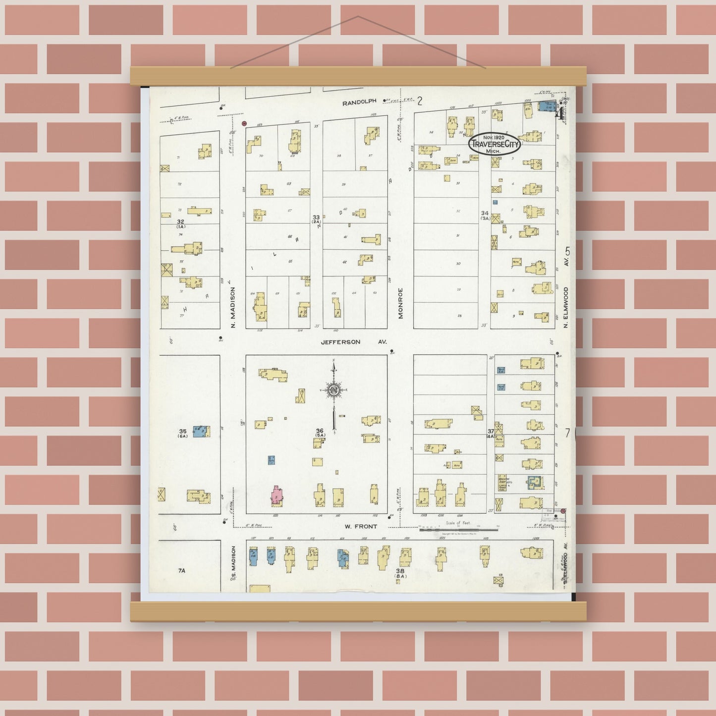 Old map wall art mockup — magnetic wood frame on brick wall — Sanborn Fire Insurance Map from Traverse City, Grand Traverse County, Michigan (1920), Sheet #0004