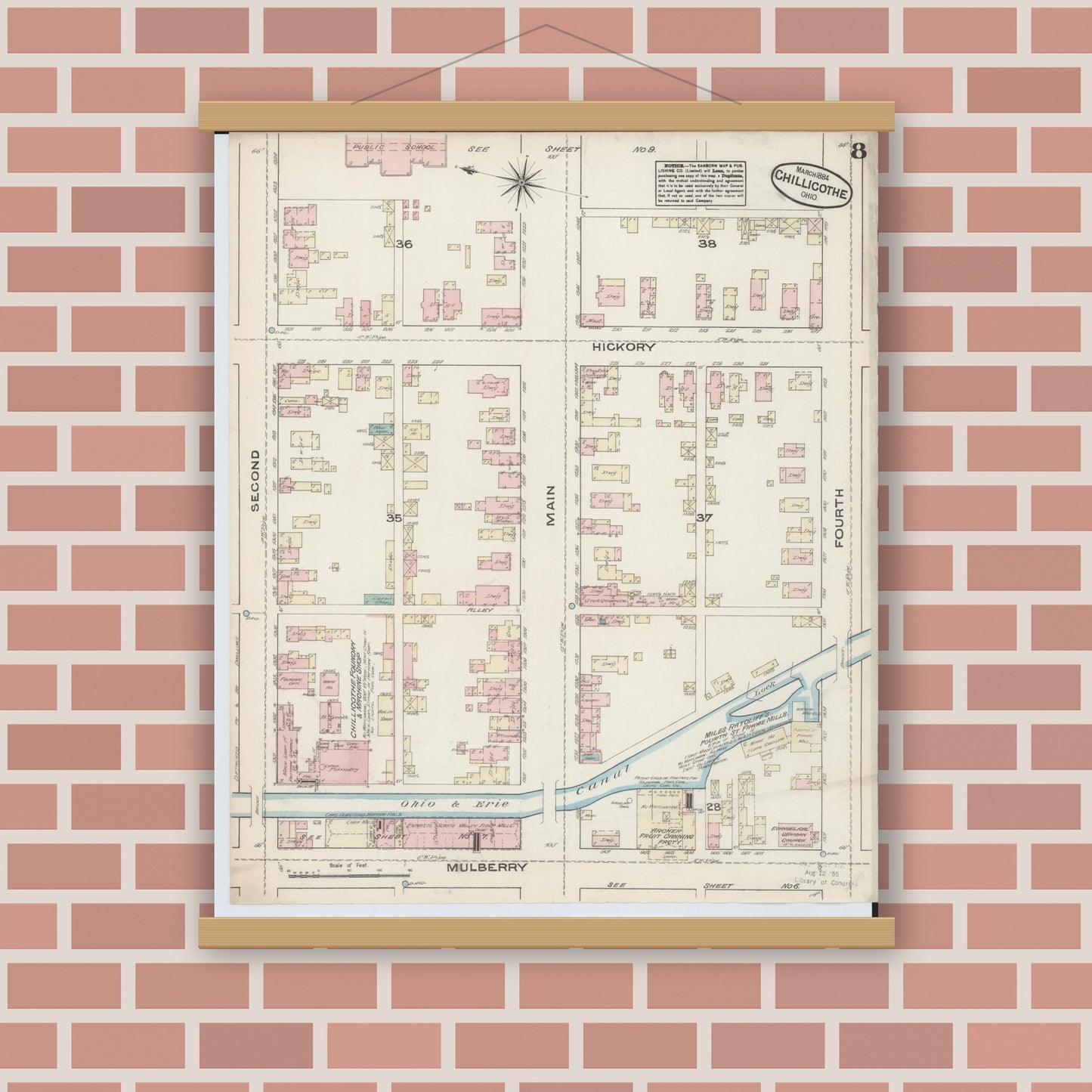 Old map wall art mockup — magnetic wood frame on brick wall — Sanborn Fire Insurance Map from Chillicothe, Ross County, Ohio (1884), Sheet #0008
