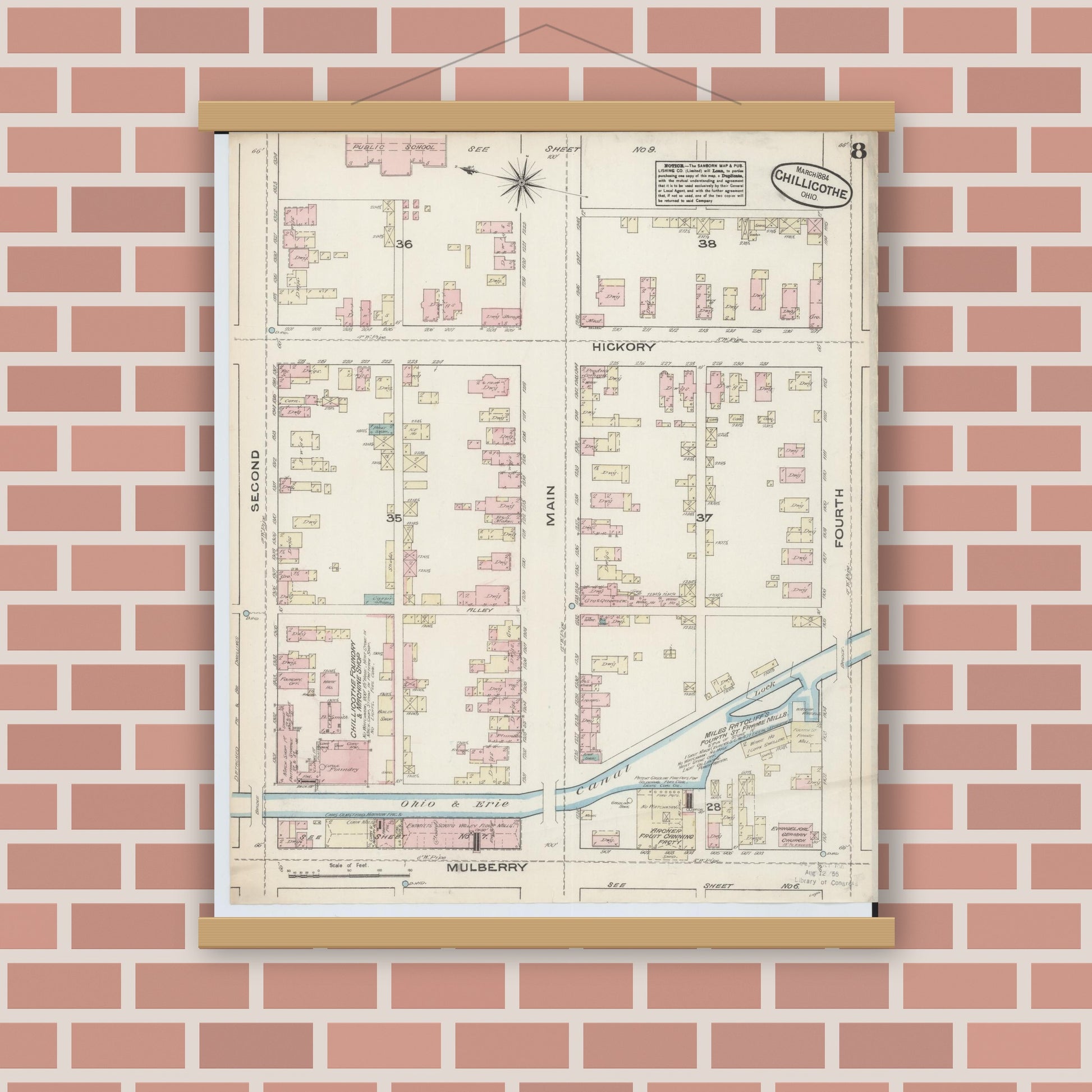 Old map wall art mockup — magnetic wood frame on brick wall — Sanborn Fire Insurance Map from Chillicothe, Ross County, Ohio (1884), Sheet #0008