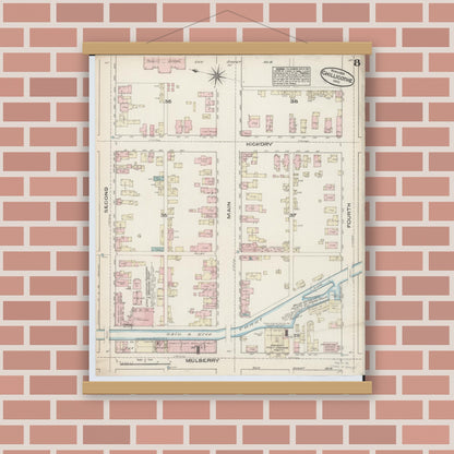 Old map wall art mockup — magnetic wood frame on brick wall — Sanborn Fire Insurance Map from Chillicothe, Ross County, Ohio (1884), Sheet #0008