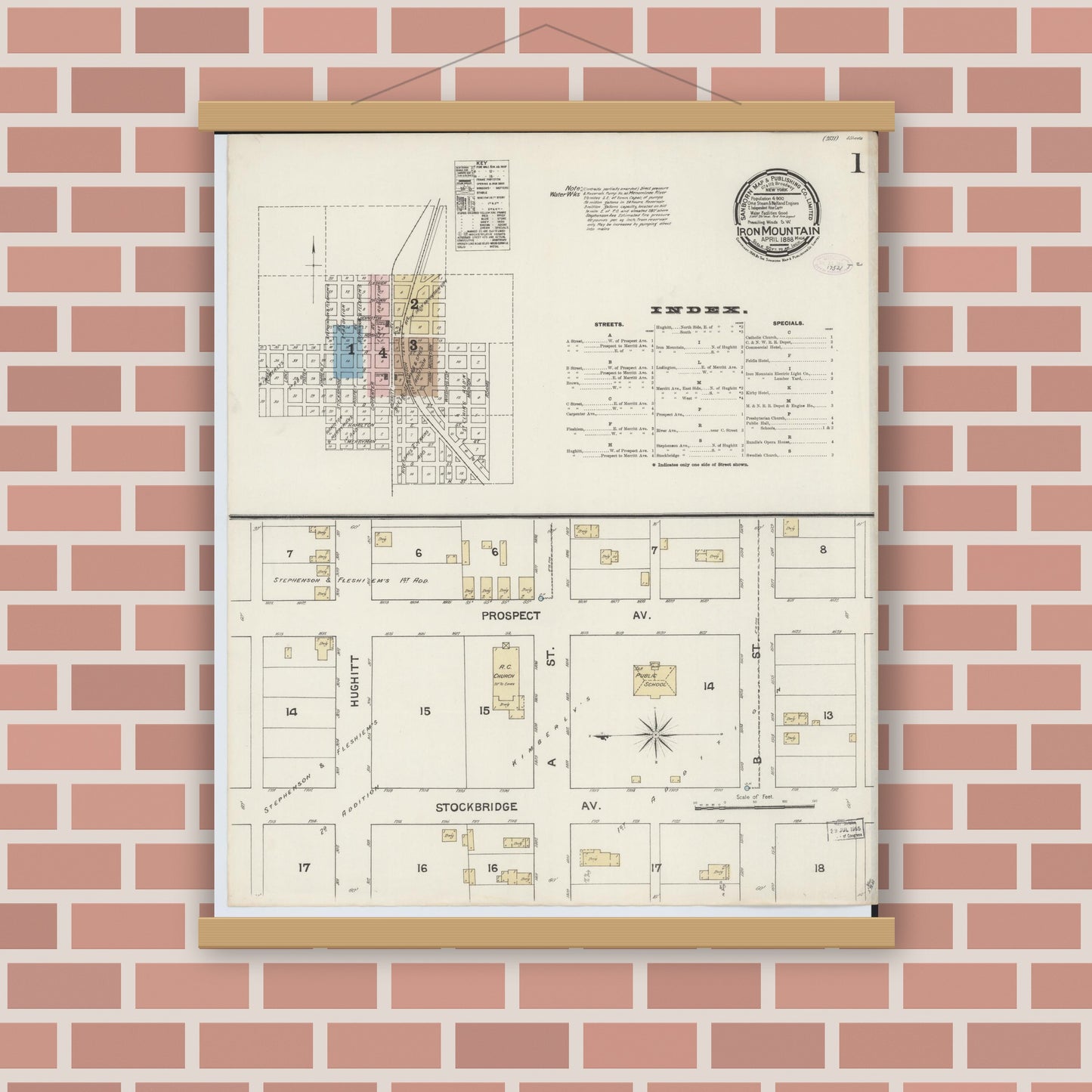 Old map wall art mockup — magnetic wood frame on brick wall — Sanborn Fire Insurance Map from Iron Mountain, Dickinson County, Michigan (1888) - Complete Map Set