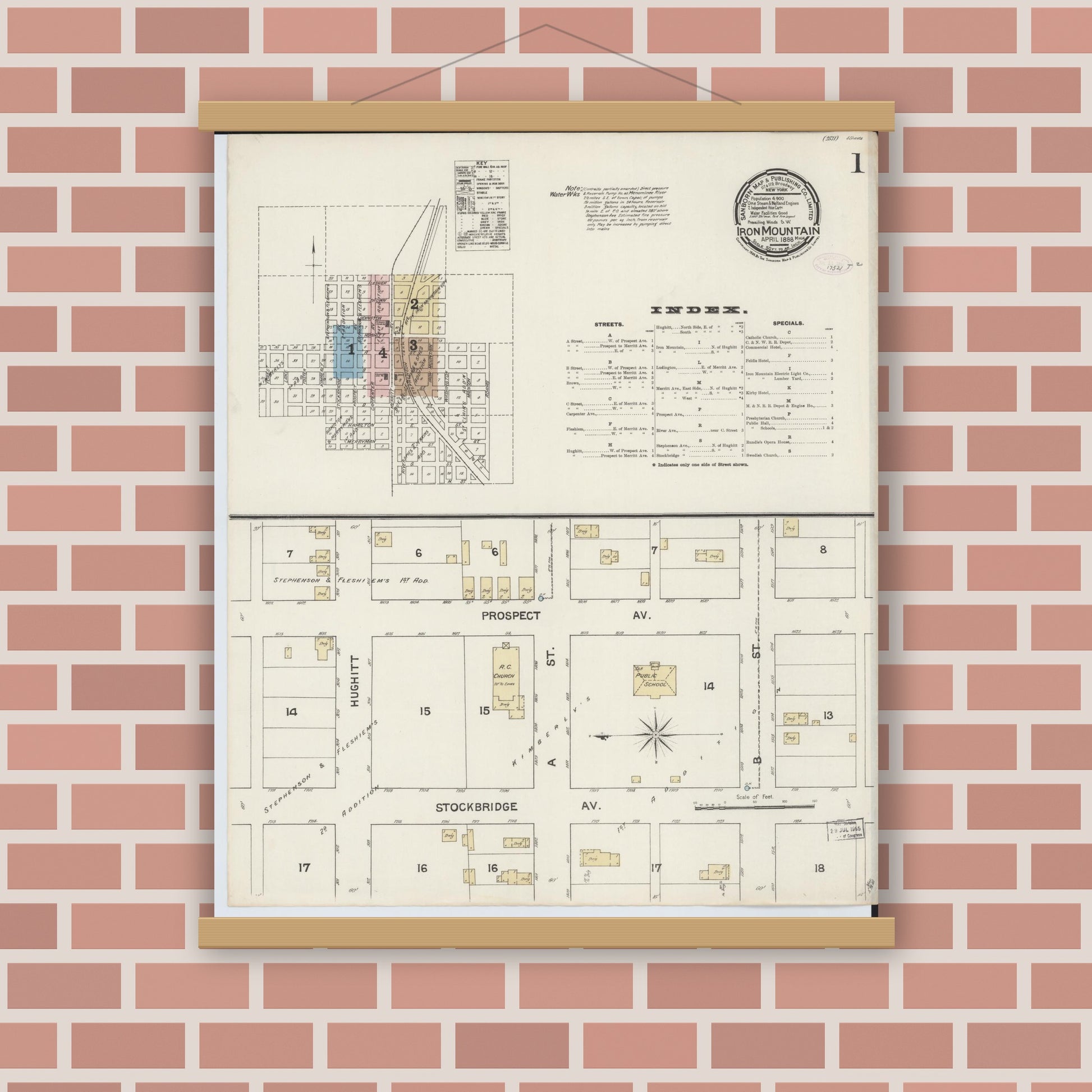 Old map wall art mockup — magnetic wood frame on brick wall — Sanborn Fire Insurance Map from Iron Mountain, Dickinson County, Michigan (1888) - Complete Map Set